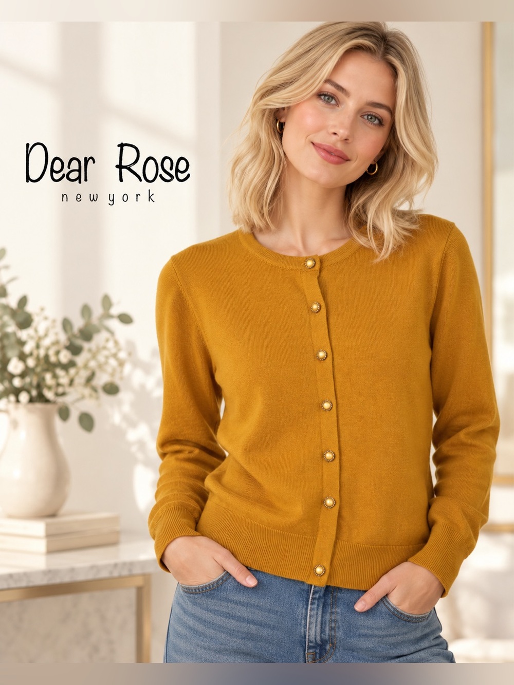 Dear Rose New York Mustard Yellow Button-Up Cardigan Sweater Size L